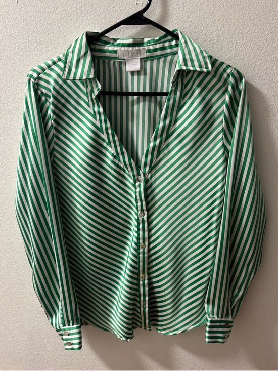 Life Clothing Co. Tops - Green & White Striped Silk Button-Up Blouse size L, Non Iron brand LIFE